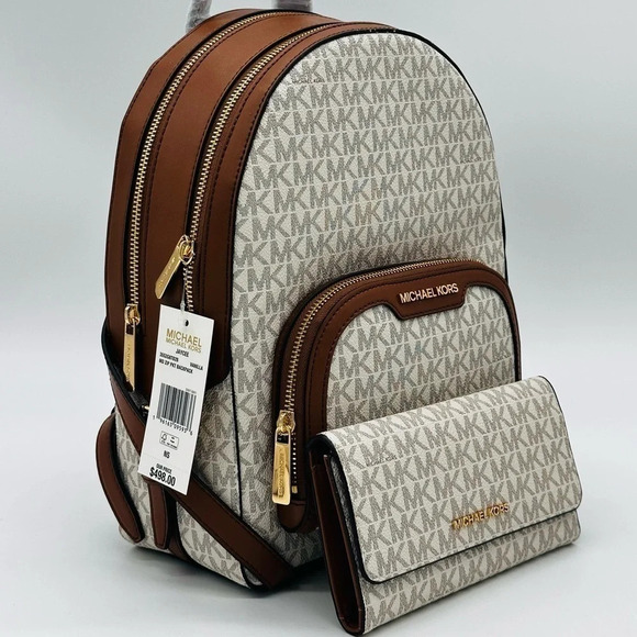 Michael Kors Medium Jaycee Zip Packet Backpack & Trifold Wallet Vanilla/Brown - Picture 1 of 16